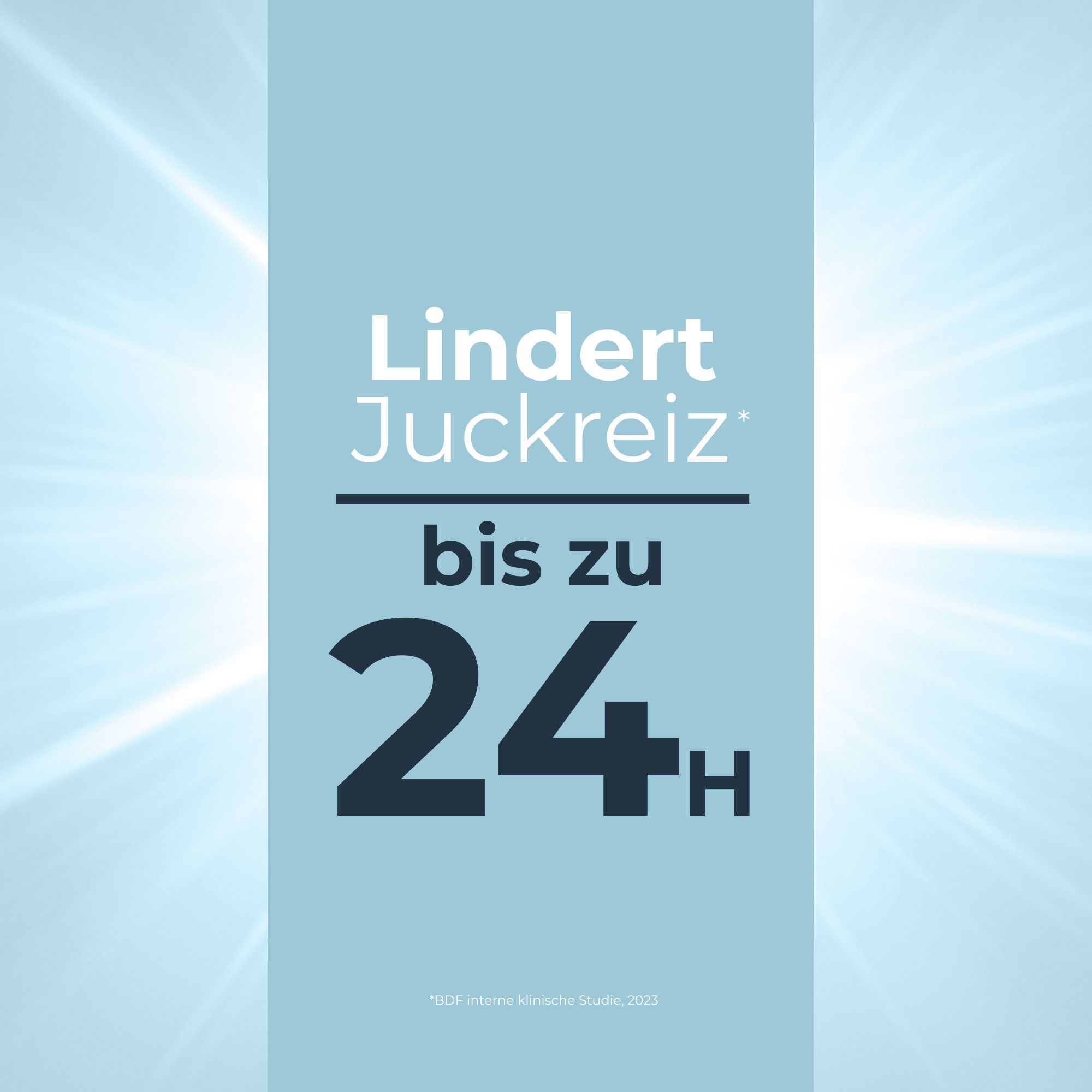 Texte : Soulage les démangeaisons jusqu'à 24H. Fond bleu avec effets de lumière.