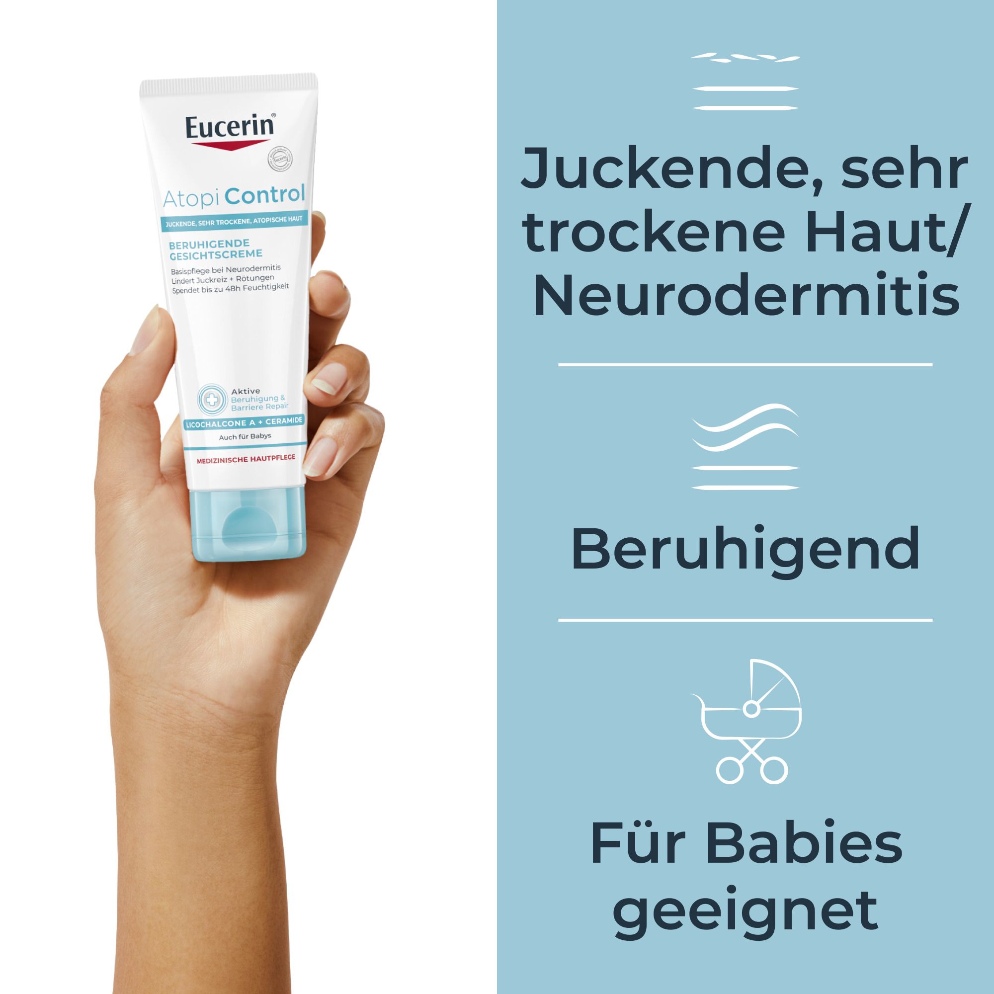Eucerin AtopiControl Gesichtscreme. Geeignet für Babys. Text: Juckende, sehr trockene Haut/Neurodermitis. Beruhigend.