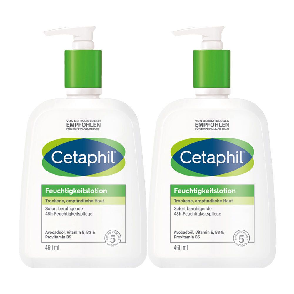 Zwei weiße Flaschen mit grünen Pumpaufsätzen. Auf jeder Flasche steht "Cetaphil Feuchtigkeitslotion" und weitere Produktinformationen.