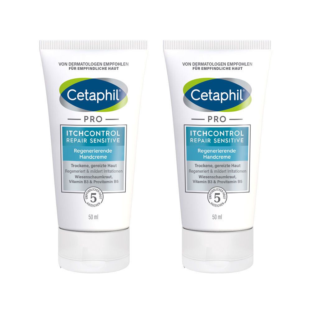 Deux tubes de crème pour les mains CETAPHIL PRO. Blanc, avec logos verts et bleus. Texte : Itch Control, Repair Sensitive, Crème régénérante.
