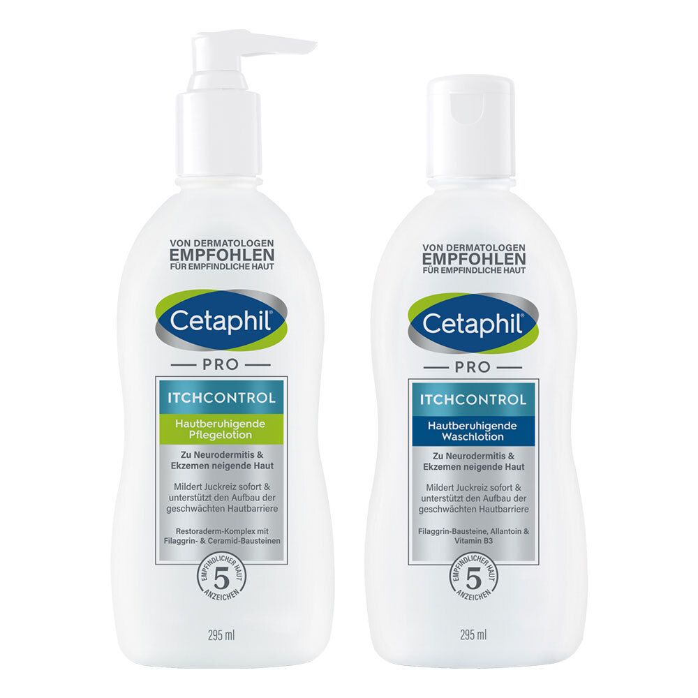 Deux flacons blancs CETAPHIL PRO. Un avec pompe, l'autre avec bouchon à vis. Inscription : ITCHCONTROL, lotion apaisante/lotion lavante.