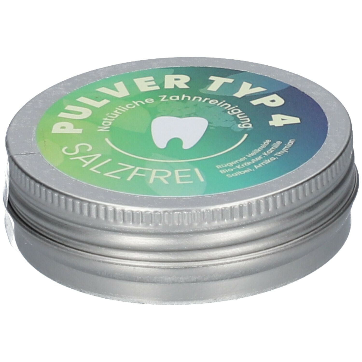 Runde Dose mit grün-blauem Etikett. Aufschrift: PULVER TYP 4, natürliche Zahnreinigung, salzfrei. Zahn-Symbol.