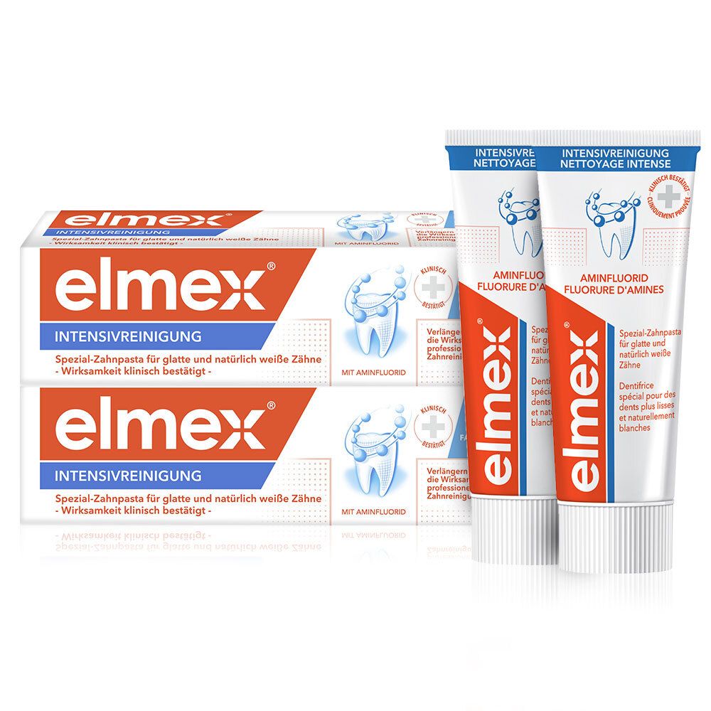Zahnpasta-Tuben und -Verpackungen. Aufschrift: elmex INTENSIVREINIGUNG. Speziell für glatte und natürlich weiße Zähne.
