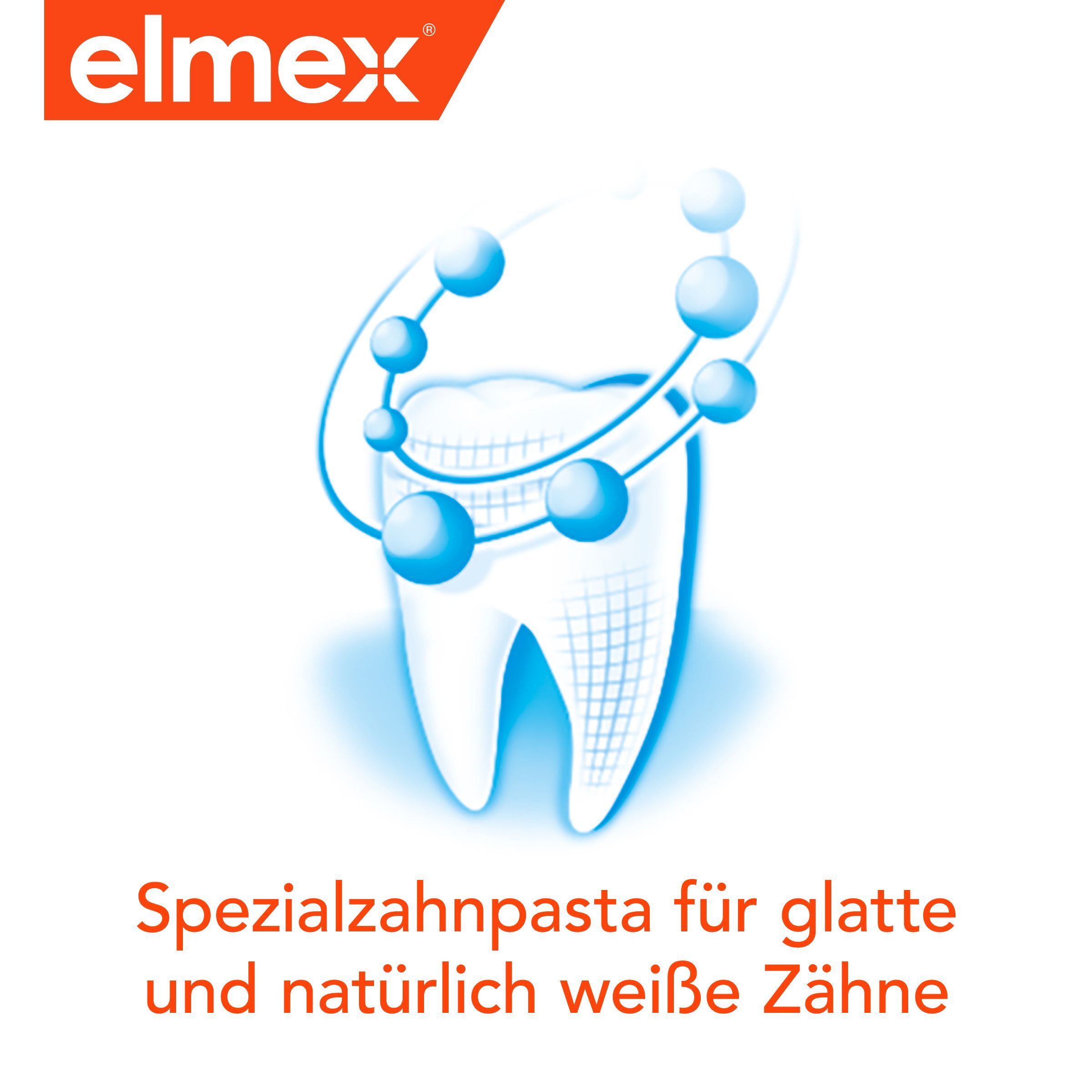 Zahn-Illustration mit blauen Kreisen. Text: Spezialzahnpasta für glatte und natürlich weiße Zähne. Marke: elmex.