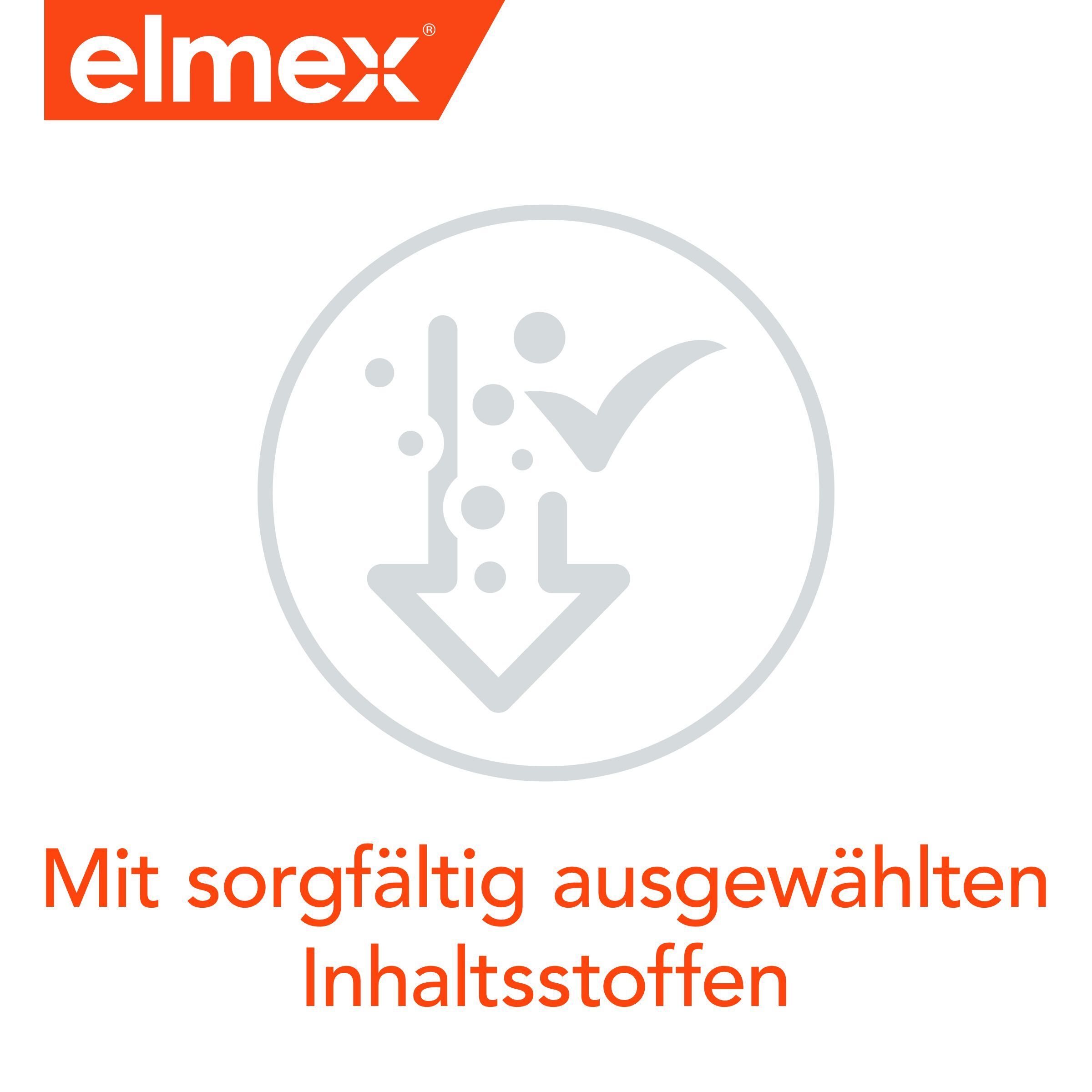 Symbol: Mit sorgfältig ausgewählten Inhaltsstoffen. Marke: elmex.