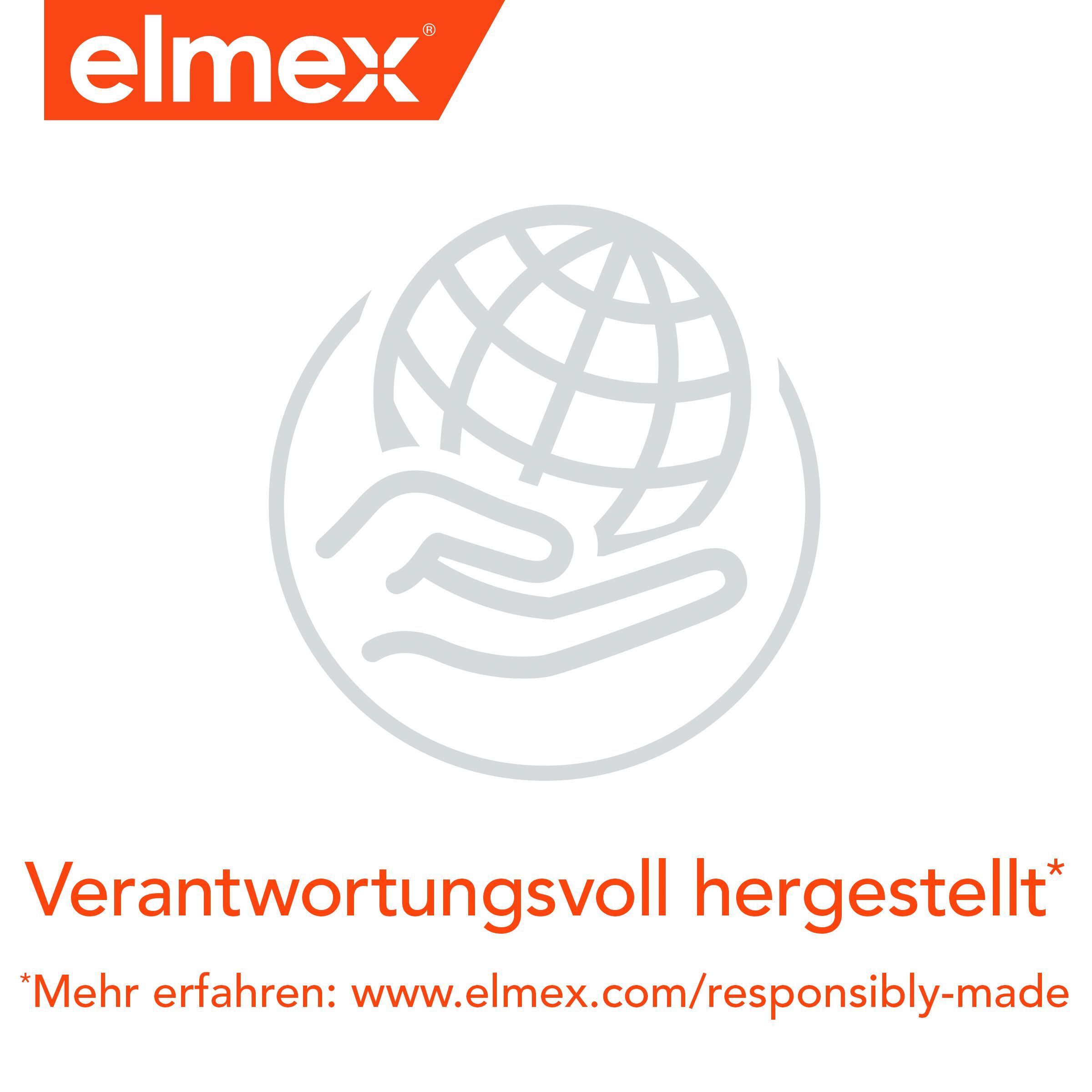 Symbol: Verantwortungsbewusst hergestellt. Text: Verantwortungsbewusst hergestellt. Marke: elmex.