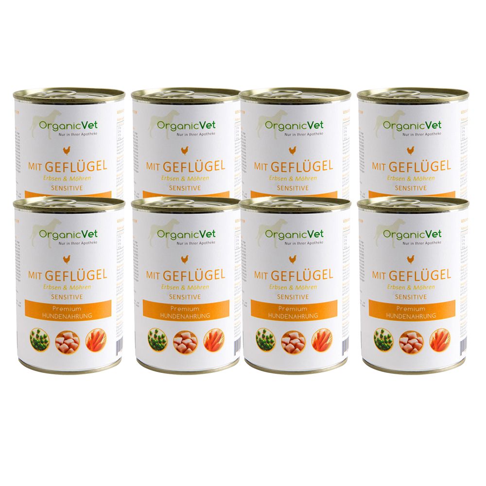 Huit boîtes de nourriture pour chiens. Chaque boîte porte la mention "OrganicVet" et "MIT GEFLÜGEL SENSITIVE".