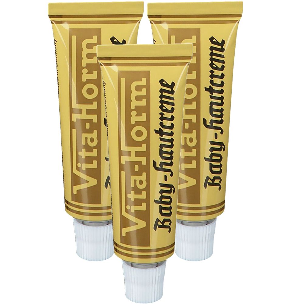 Drei Tuben Baby-Hautcreme. Goldfarbene Tuben mit weißem Verschluss. Beschriftung: Vita-Horm, Baby-Hautcreme.