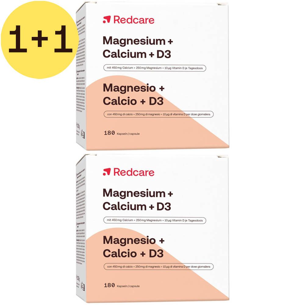 Deux boîtes Redcare Magnésium + Calcium + D3 avec autocollant 1+1. Inscription : 180 gélules. Contient magnésium, calcium et vitamine D3.