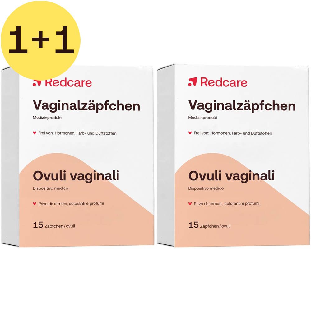 Deux boîtes de suppositoires vaginaux Redcare. Inscription : Ovuli vaginali, 15 suppositoires.