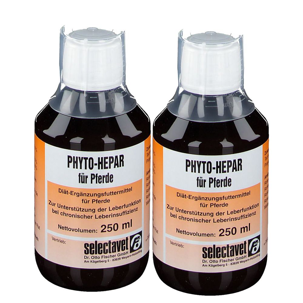 Deux flacons de PHYTO-HEPAR pour chevaux. Liquide brun dans des flacons transparents avec bouchon blanc. Étiquette avec informations.