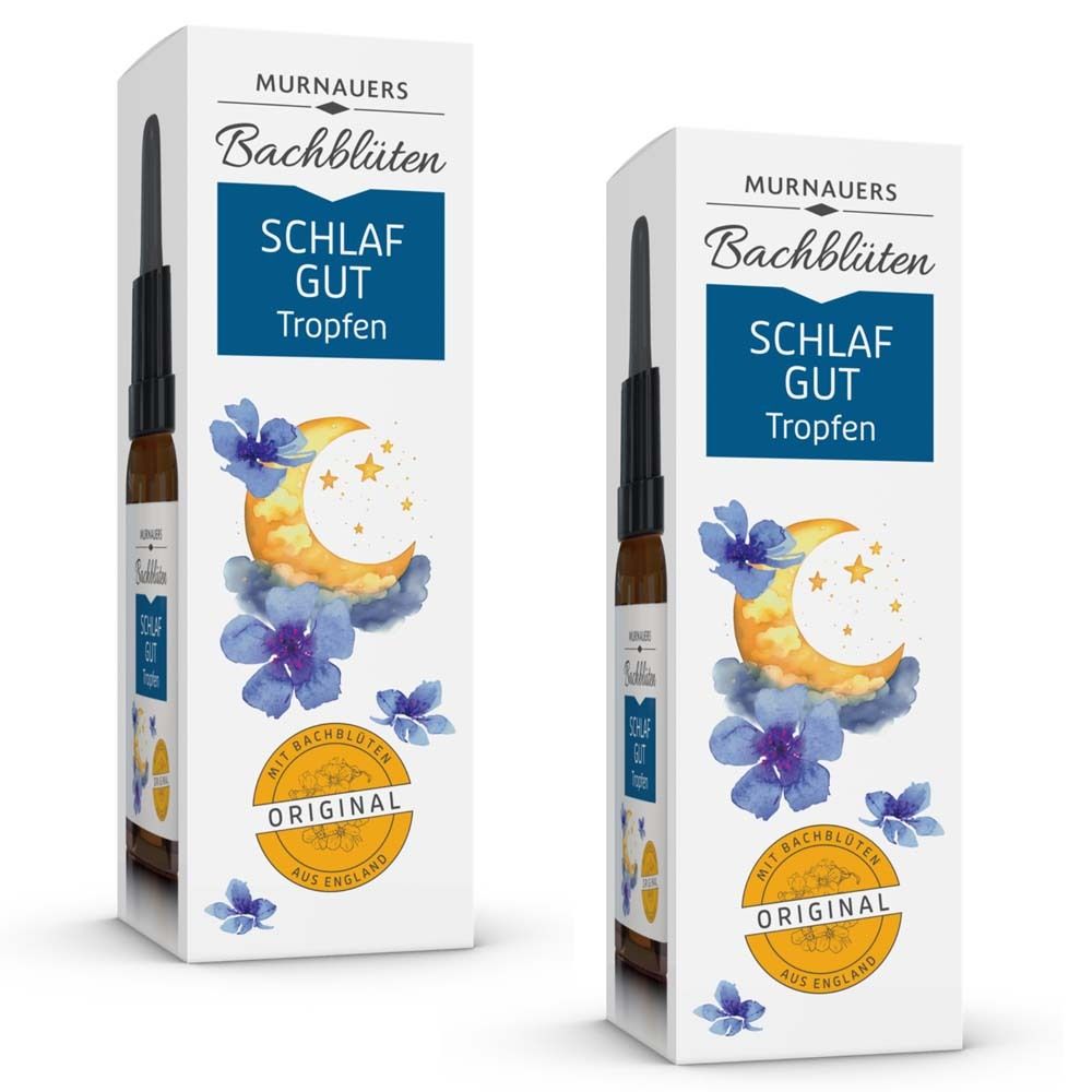 Produktverpackung mit Tropfenflasche und Karton. Aufschrift: Schlaf Gut Tropfen. Mit Bachblüten Original.