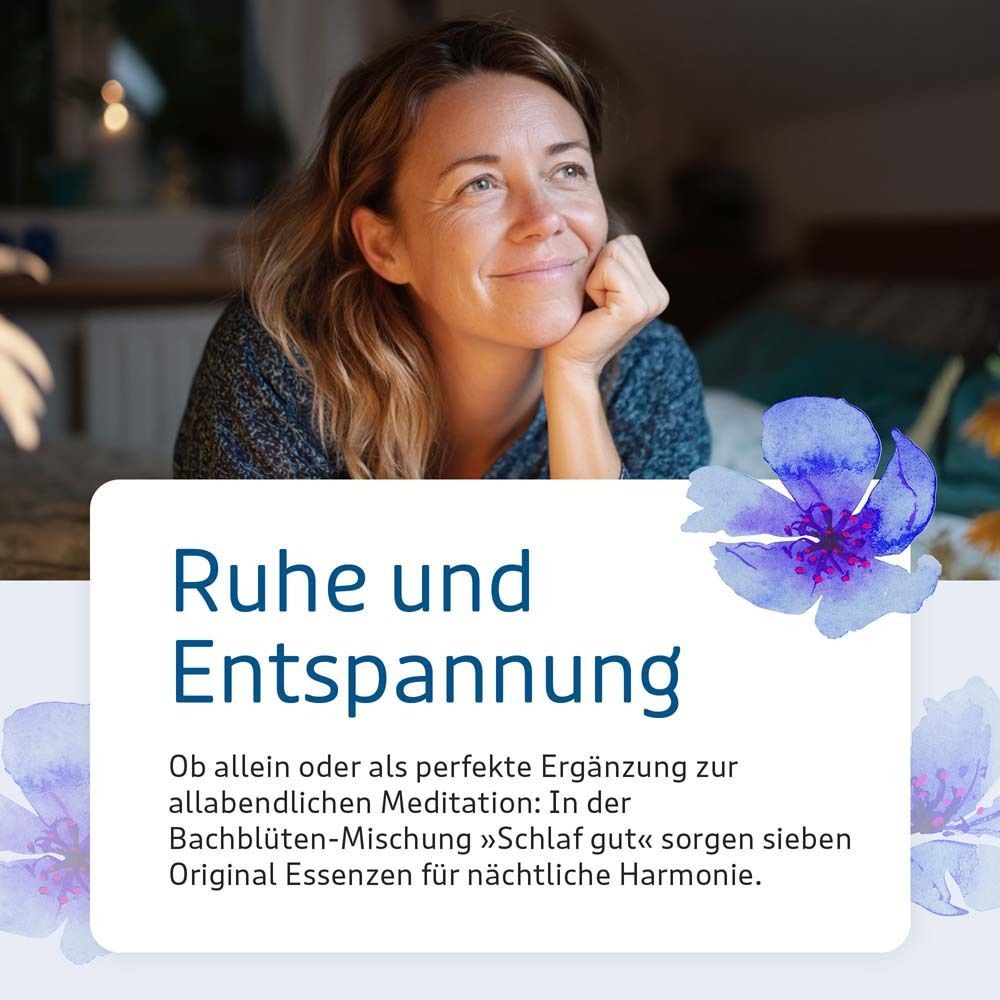 Frau lächelt. Text: Ruhe und Entspannung. Bachblüten-Mischung »Schlaf gut« für nächtliche Harmonie.
