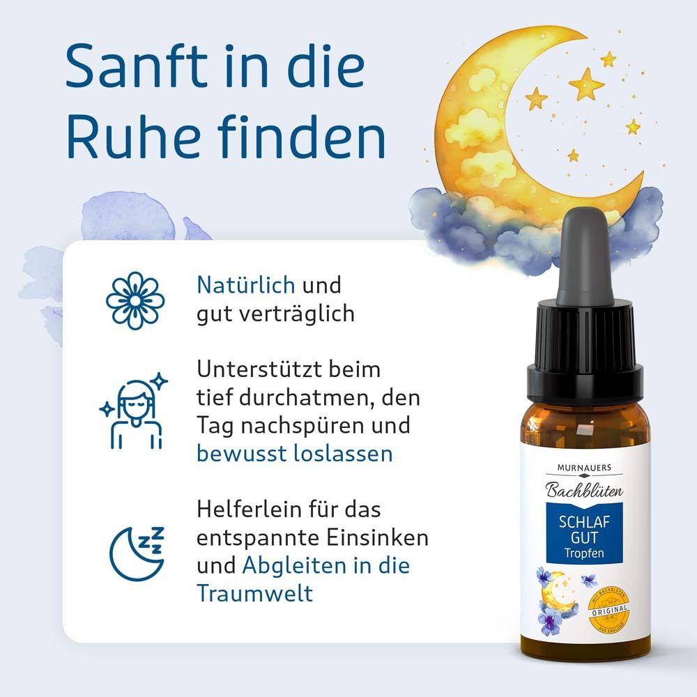 Tropfenflasche mit Aufschrift: Schlaf Gut Tropfen. Illustrationen: Blume, Mond. Text: Sanft in die Ruhe finden.