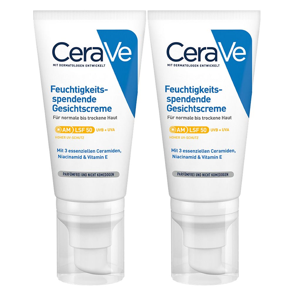 Zwei weiße Tuben CeraVe Gesichtscreme mit LSF 50. Blaue und gelbe Akzente, Produktname und Text.