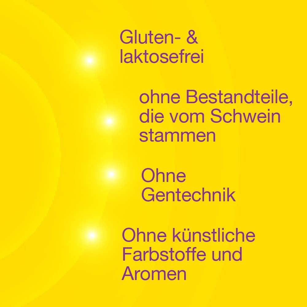 Gelber Hintergrund mit Text: Gluten- & laktosefrei, ohne Gentechnik, ohne künstliche Farb- und Aromastoffe.