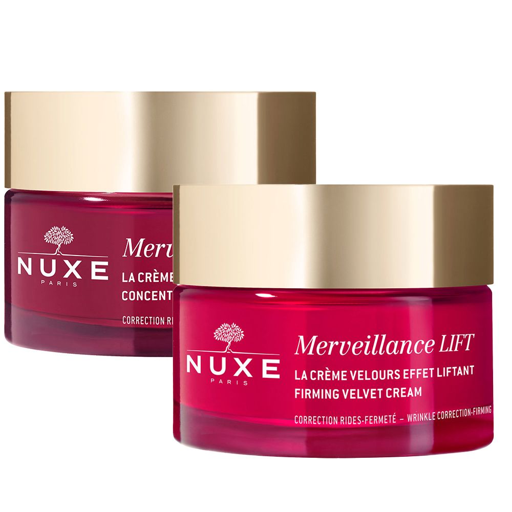 Deux pots de crème. Pots rouges avec couvercles dorés. Inscription : NUXE, Merveillance LIFT, La Crème Velours Effet Liftant, Firming Velvet Cream.