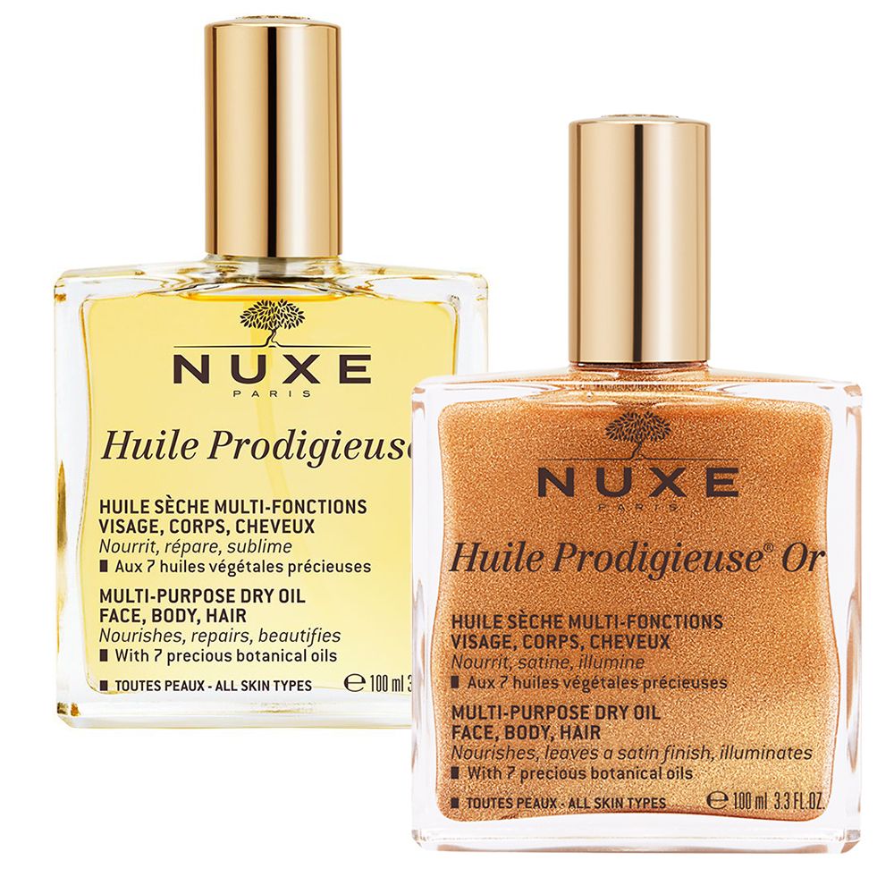 Zwei quadratische Glasflaschen mit goldenen Deckeln. Aufschrift: NUXE, Huile Prodigieuse und Huile Prodigieuse Or. Text in Französisch und Englisch.