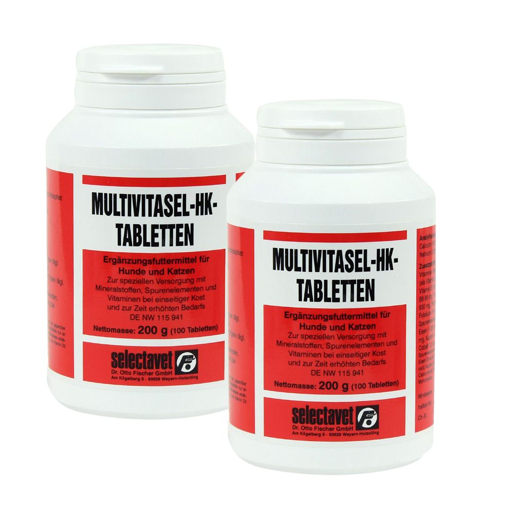 Zwei weiße Tablettenflaschen mit roter Beschriftung. Aufschrift: MULTIVITASEL-HK-TABLETTEN. Ergänzungsfuttermittel für Hunde und Katzen.