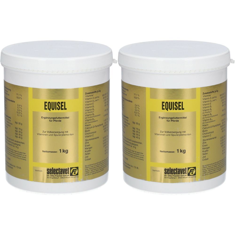 Zwei weiße Eimer mit Deckel. Aufschrift EQUISEL, 1 kg. Etikett mit Inhaltsstoffen. Marke selectavet.