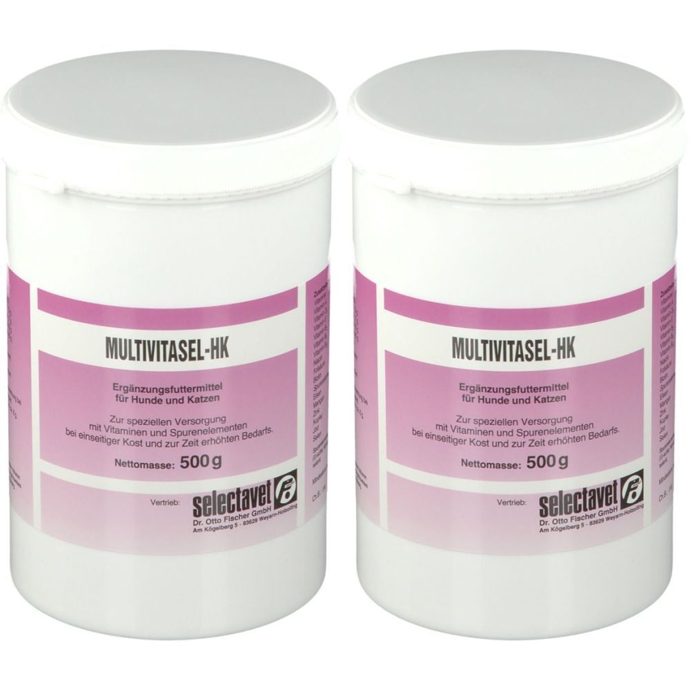 Deux pots blancs avec couvercles. Étiquettes roses avec "MULTIVITASEL-HK". Texte en allemand. Poids net : 500 g. Marque : selectavet.