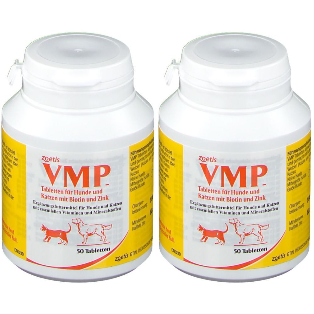 Zwei weiße Tablettenflaschen mit gelben Etiketten. Aufschrift: VMP Tabletten für Hunde und Katzen. 50 Tabletten.