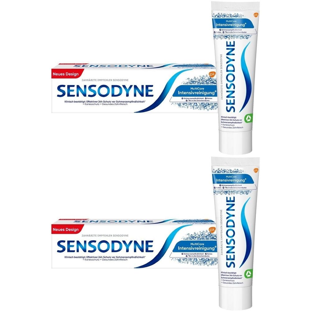Tubes et boîtes de dentifrice Sensodyne MultiCare Intensivreinigung. Inscription 'Nouveau design' sur l'emballage.