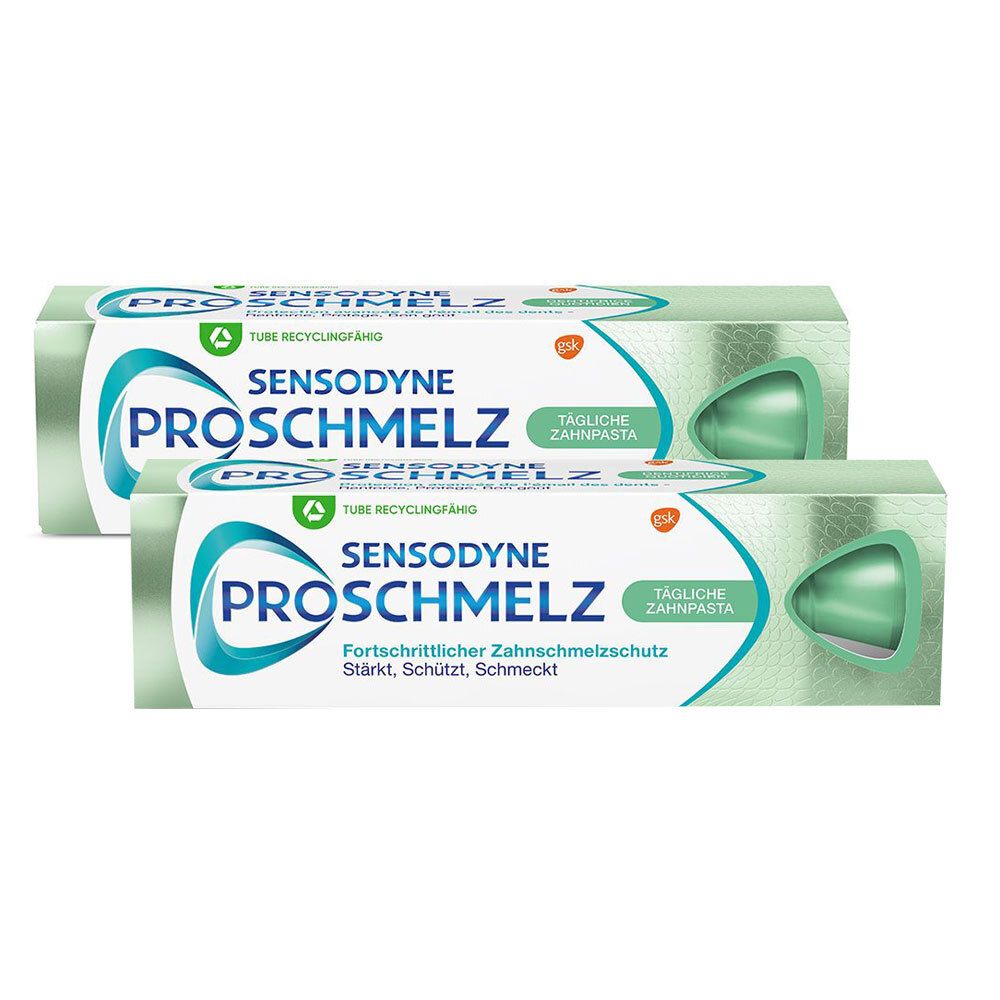 Deux boîtes de dentifrice. Inscription : Sensodyne ProSchmelz, dentifrice quotidien. Protection avancée de l'émail.