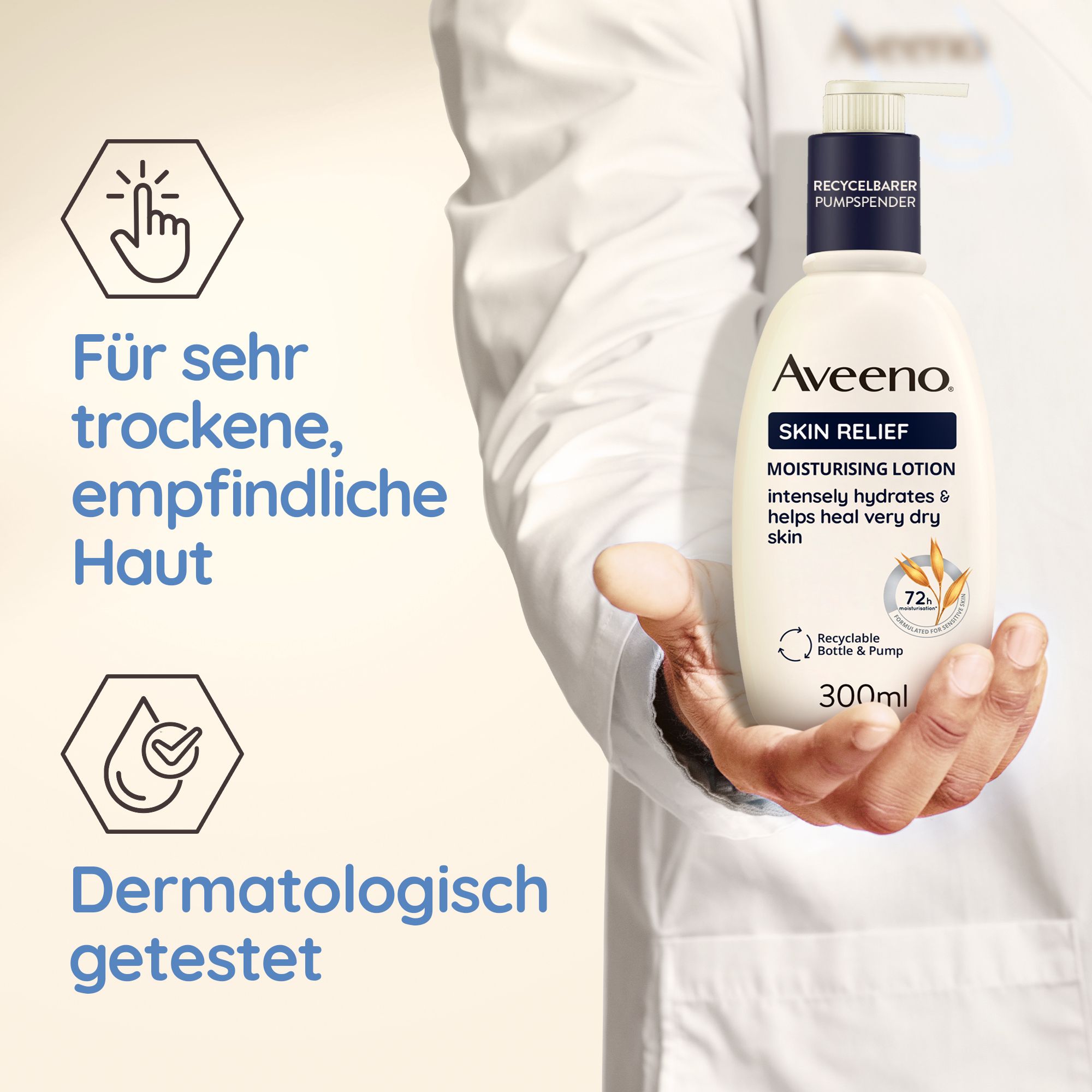 Personne tenant un flacon de lotion Aveeno Skin Relief. Texte : Pour peaux très sèches et sensibles. Testé dermatologiquement.