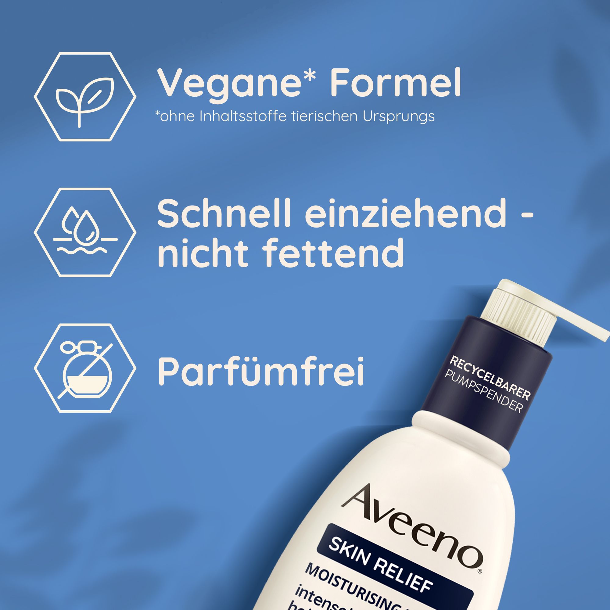 Flacon de lotion Aveeno Skin Relief. Texte : Formule végétalienne, absorption rapide, sans parfum. Pompe recyclable.