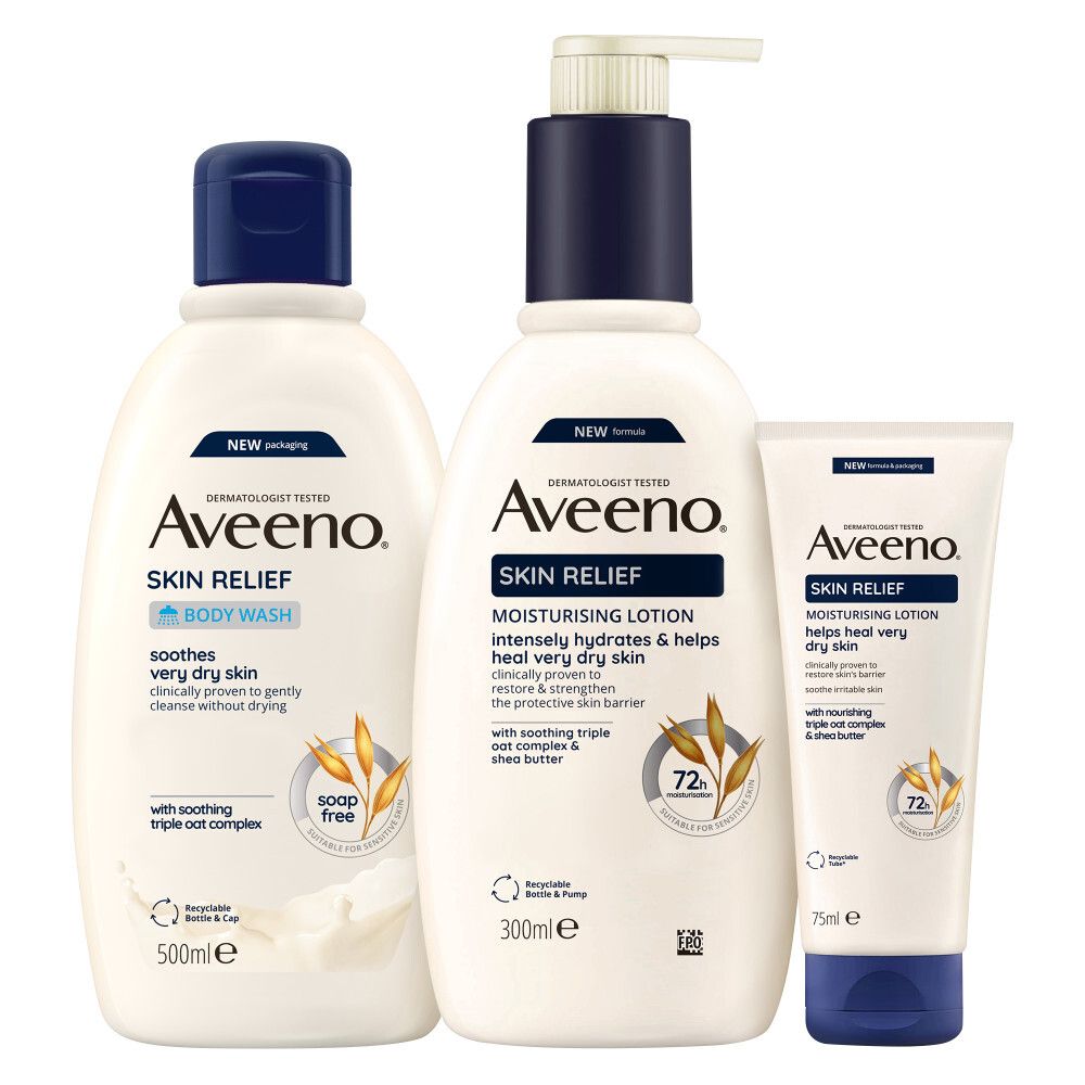 Drei Aveeno Skin Relief Produkte: Körperlotion, Pflegedusche und Handcreme. Alle mit blauem Deckel und weißer Verpackung.
