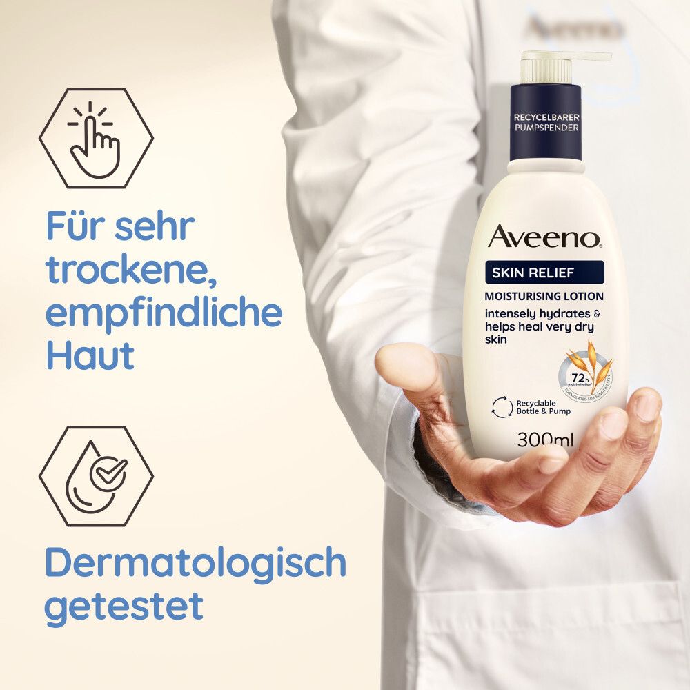 Aveeno Skin Relief Lotion in Hand. Text: Für sehr trockene, empfindliche Haut. Dermatologisch getestet. 300ml.