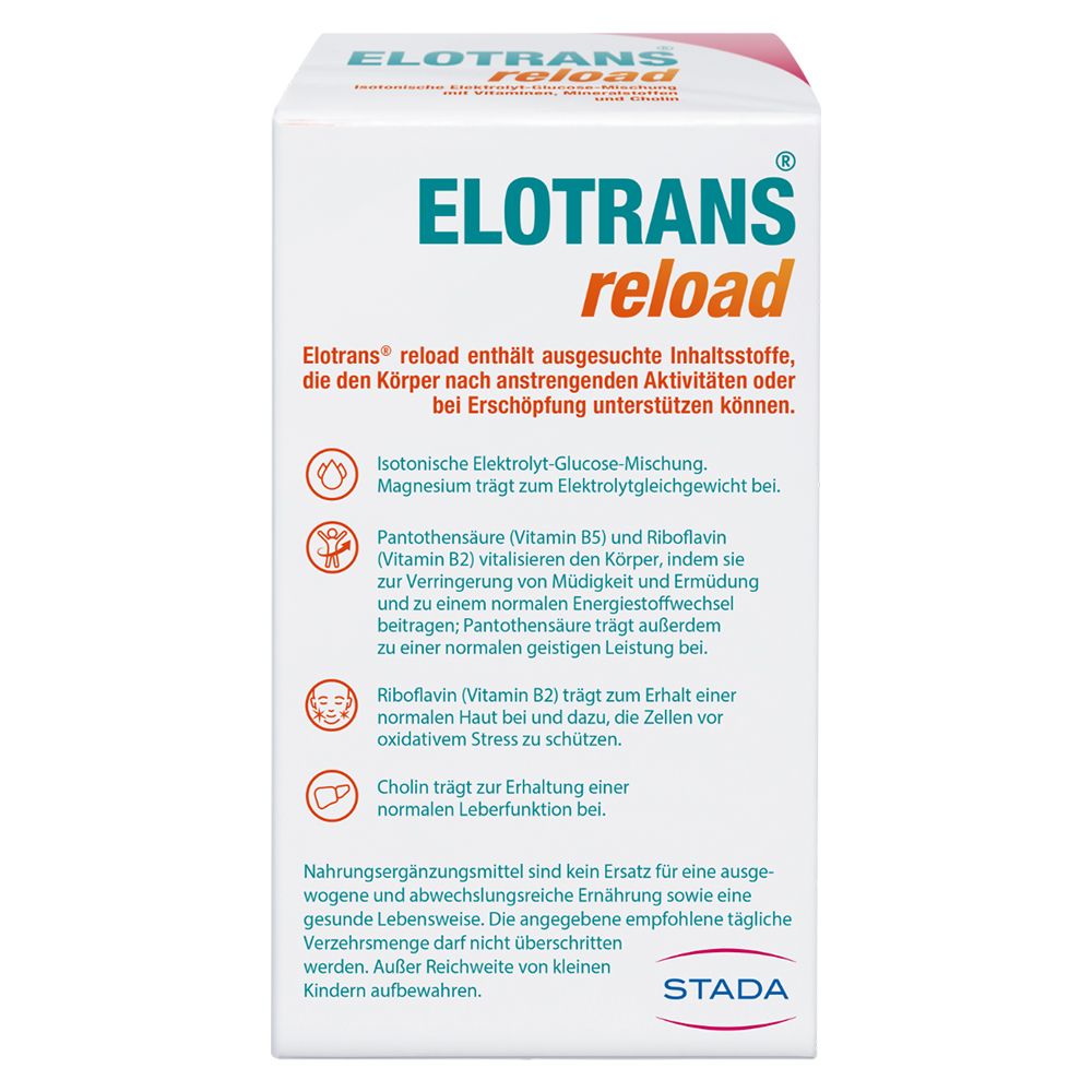 ELOTRANS® reload - Poudre à boire végétalienne - après une activité intense ou en cas d'épuisement, mélange isotonique d'électrolytes et de glucose