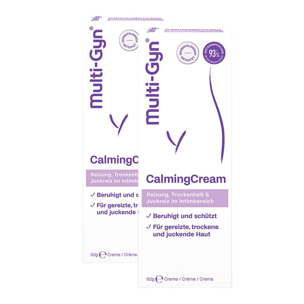 Zwei Tuben Multi-Gyn CalmingCream. Weiß, mit lila Schrift und Logo. Dermatologisch getestet.