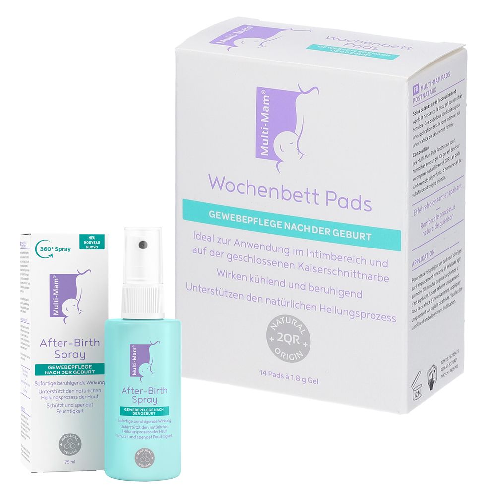 Boîte de coussinets Multi-Mam Wochenbett et spray After-Birth. Flacon spray turquoise, emballage blanc avec logo violet. Texte : After-Birth Spray, Wochenbett Pads.