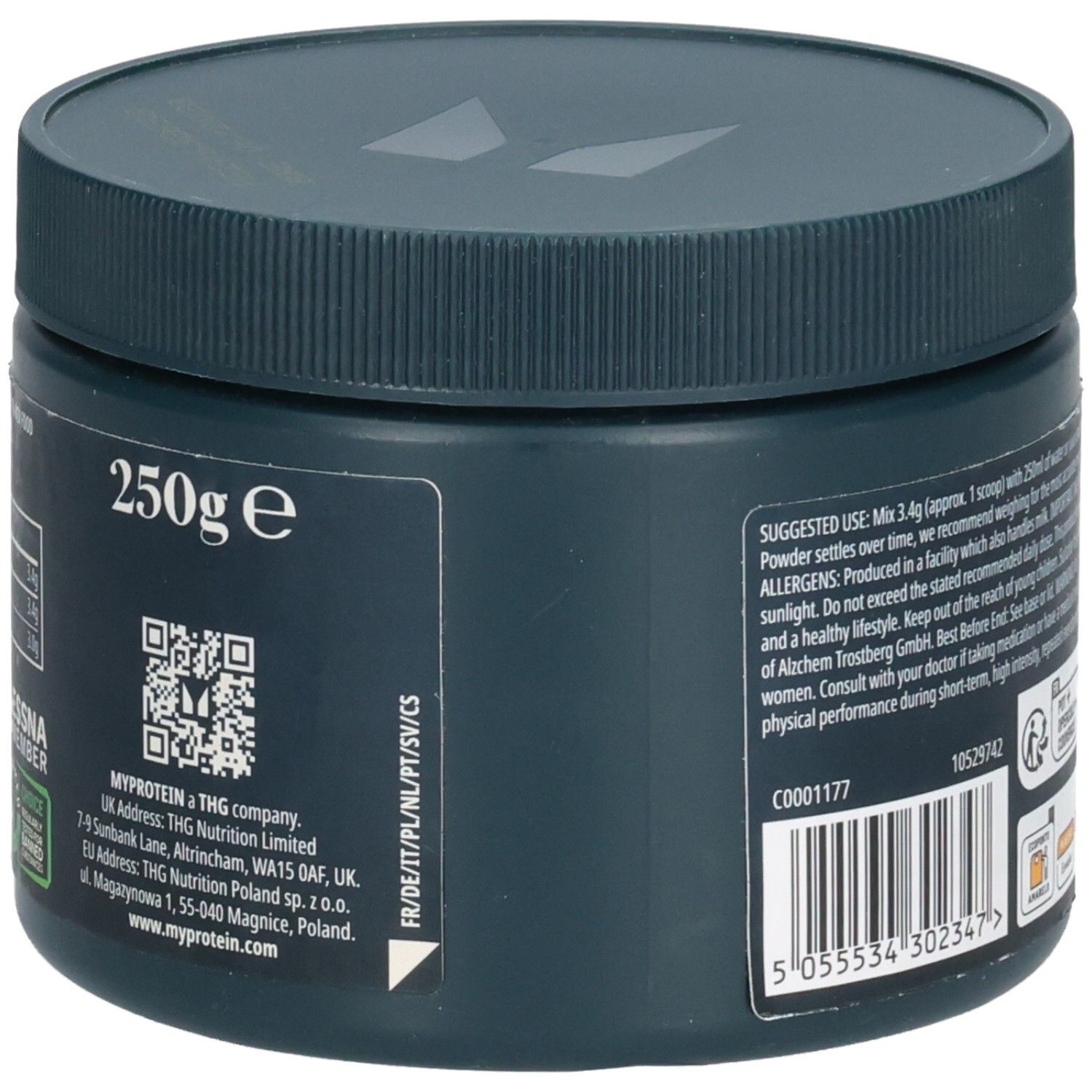 Pot avec couvercle. Inscription : 250g. Code QR. Logo et adresse Myprotein. Code-barres et numéro de lot.