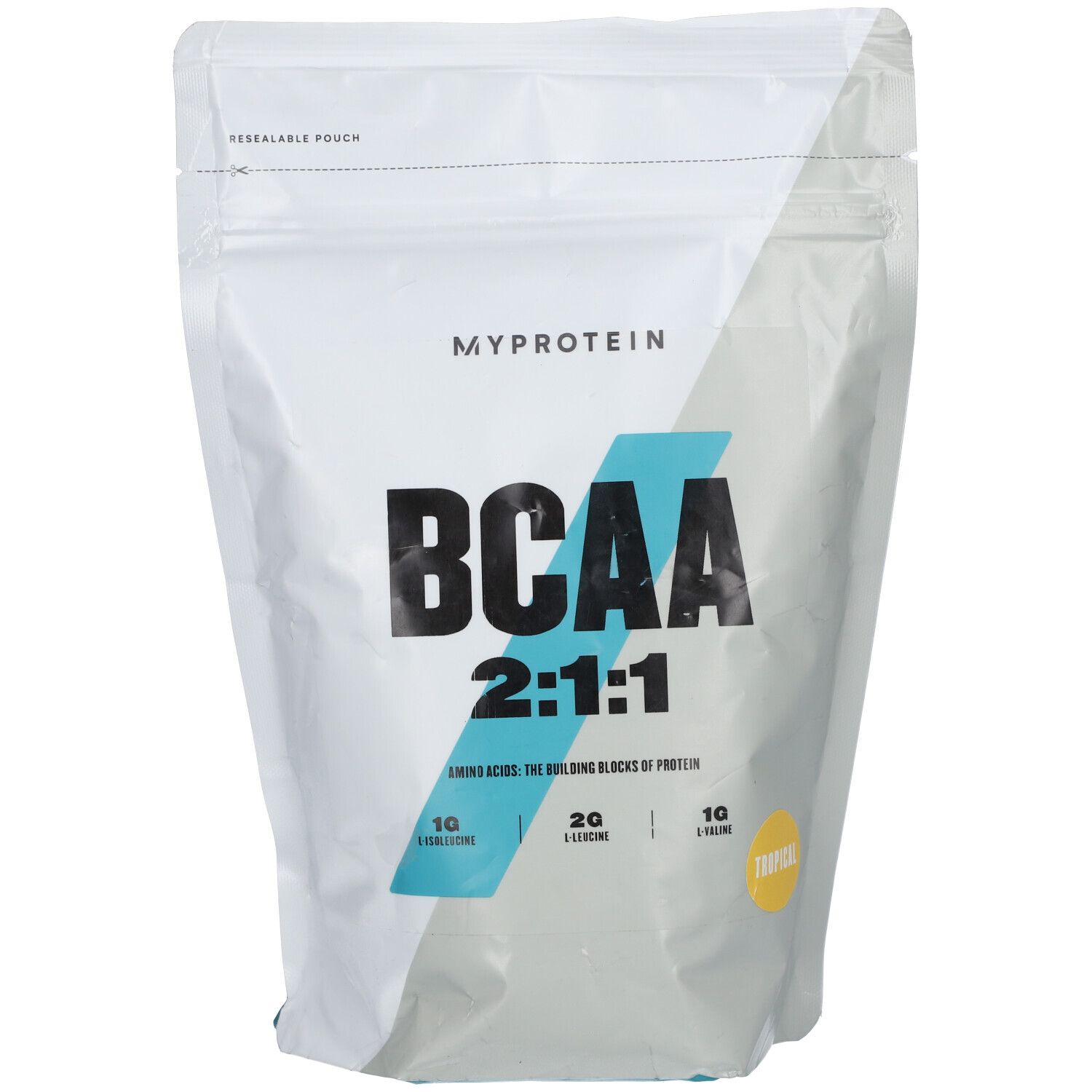Sachet "MYPROTEIN BCAA 2:1:1". Blanc, bleu et gris. Fermeture éclair en haut. Texte : Acides aminés, 10 portions, Tropical.