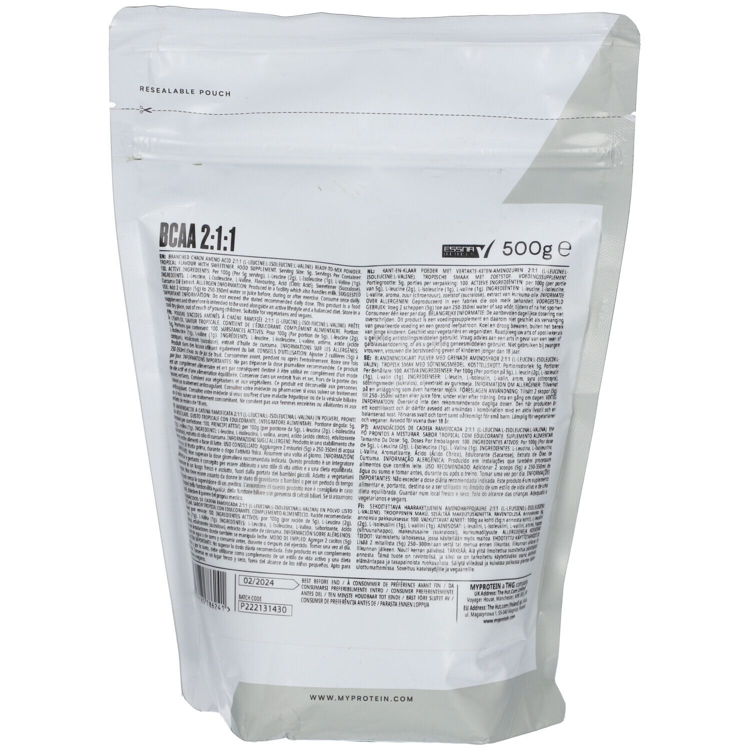 Dos du sachet "BCAA 2:1:1". Blanc. Texte et informations. 500g. Code-barres en bas. Marque Myprotein.