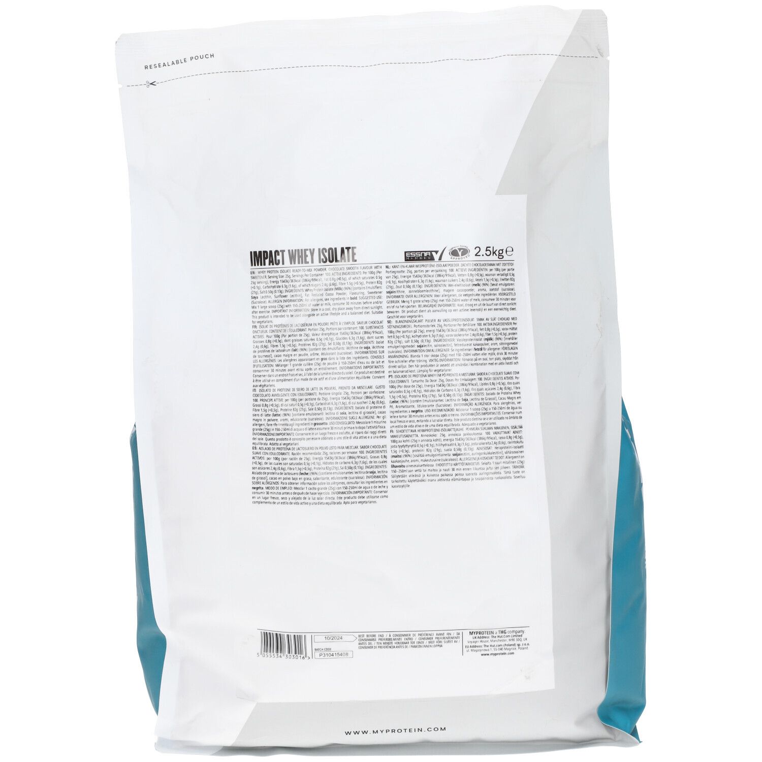 Rückseite eines weißen Beutels mit "Impact Whey Isolate"-Aufdruck. Text und Barcode. 2.5kg-Angabe.