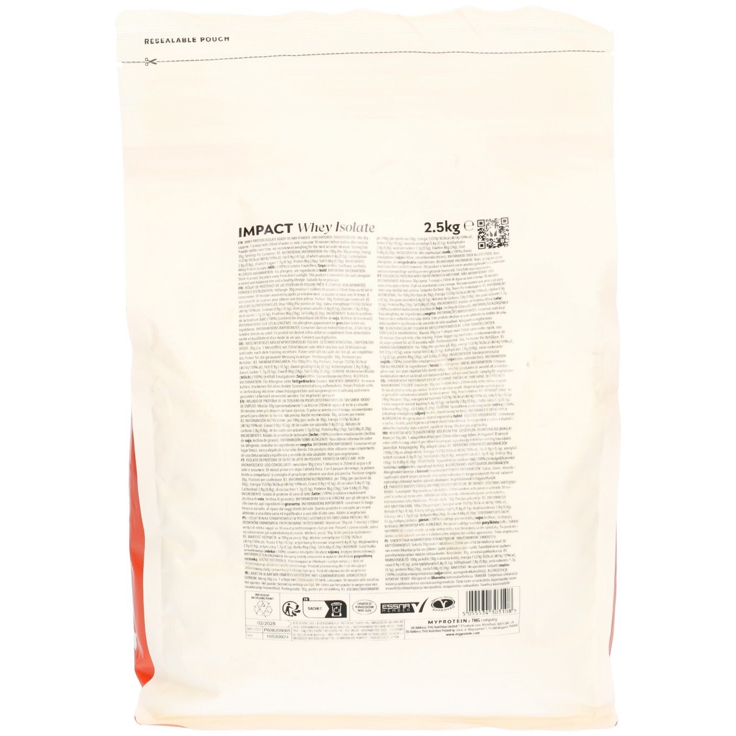 Rückseite eines MyProtein Impact Whey Isolate Beutels, 2.5kg. Enthält detaillierte Nährwertangaben und Inhaltsstoffe.