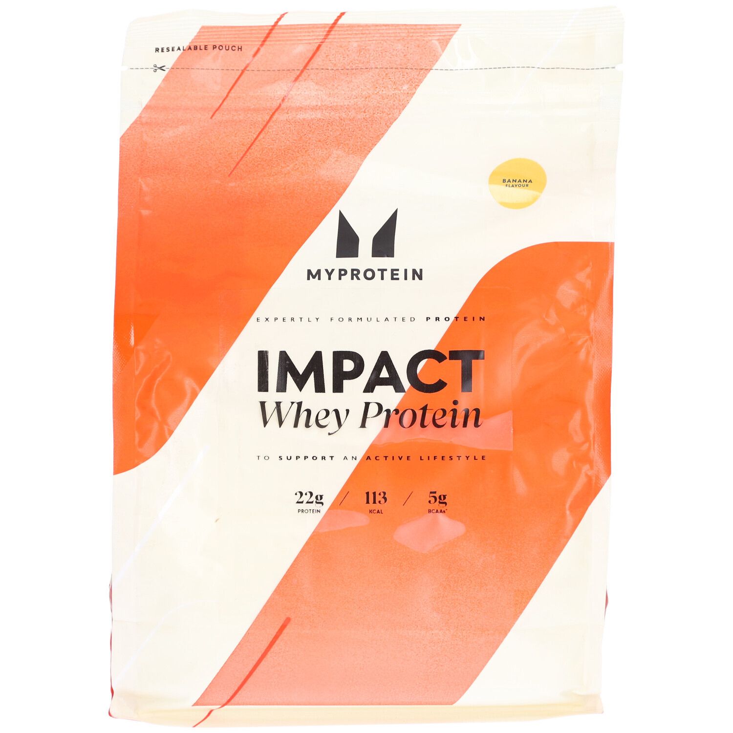 Sachet de Myprotein Impact Whey Protein. Blanc et orange. Inscription: Impact Whey Protein, Banana.