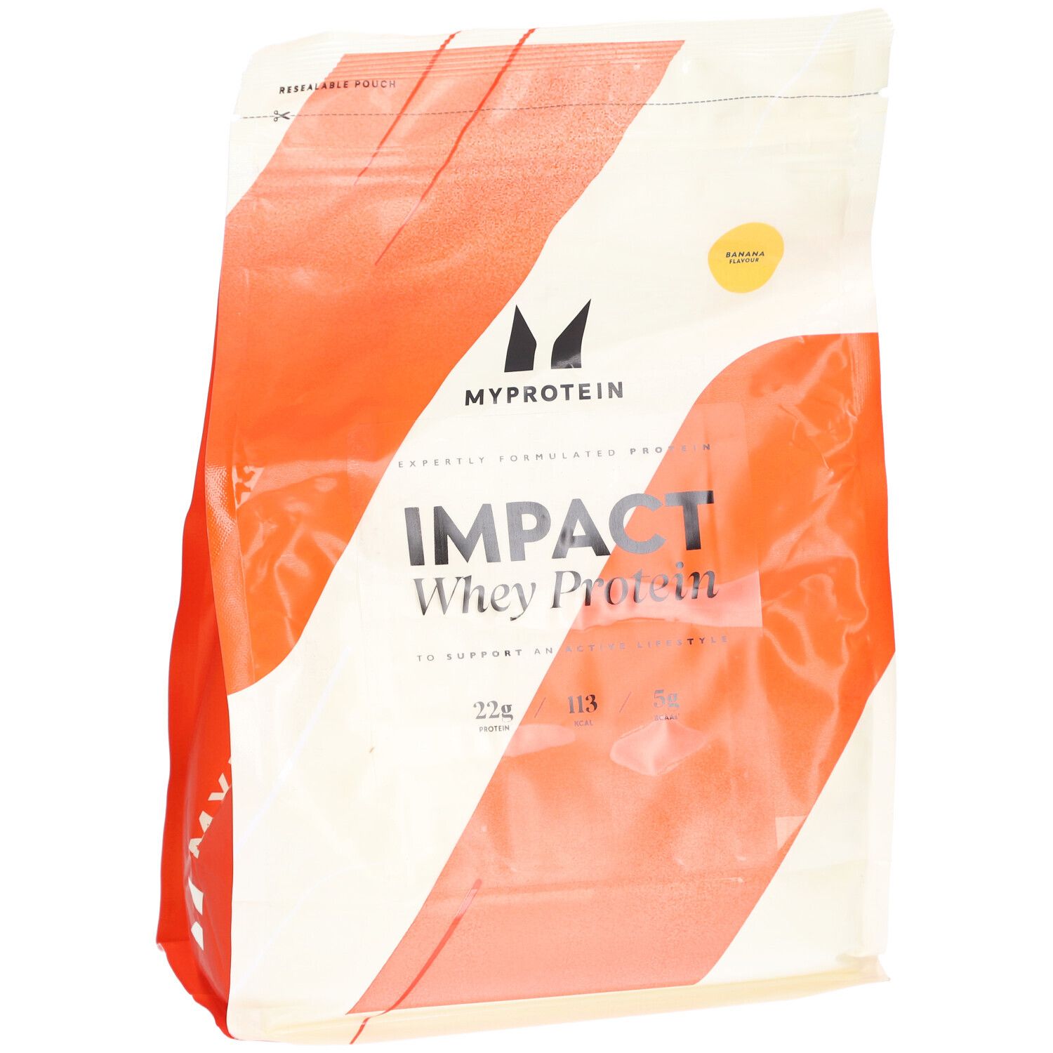 Sachet de Myprotein Impact Whey Protein. Blanc et orange. Inscription: Impact Whey Protein, Banana.