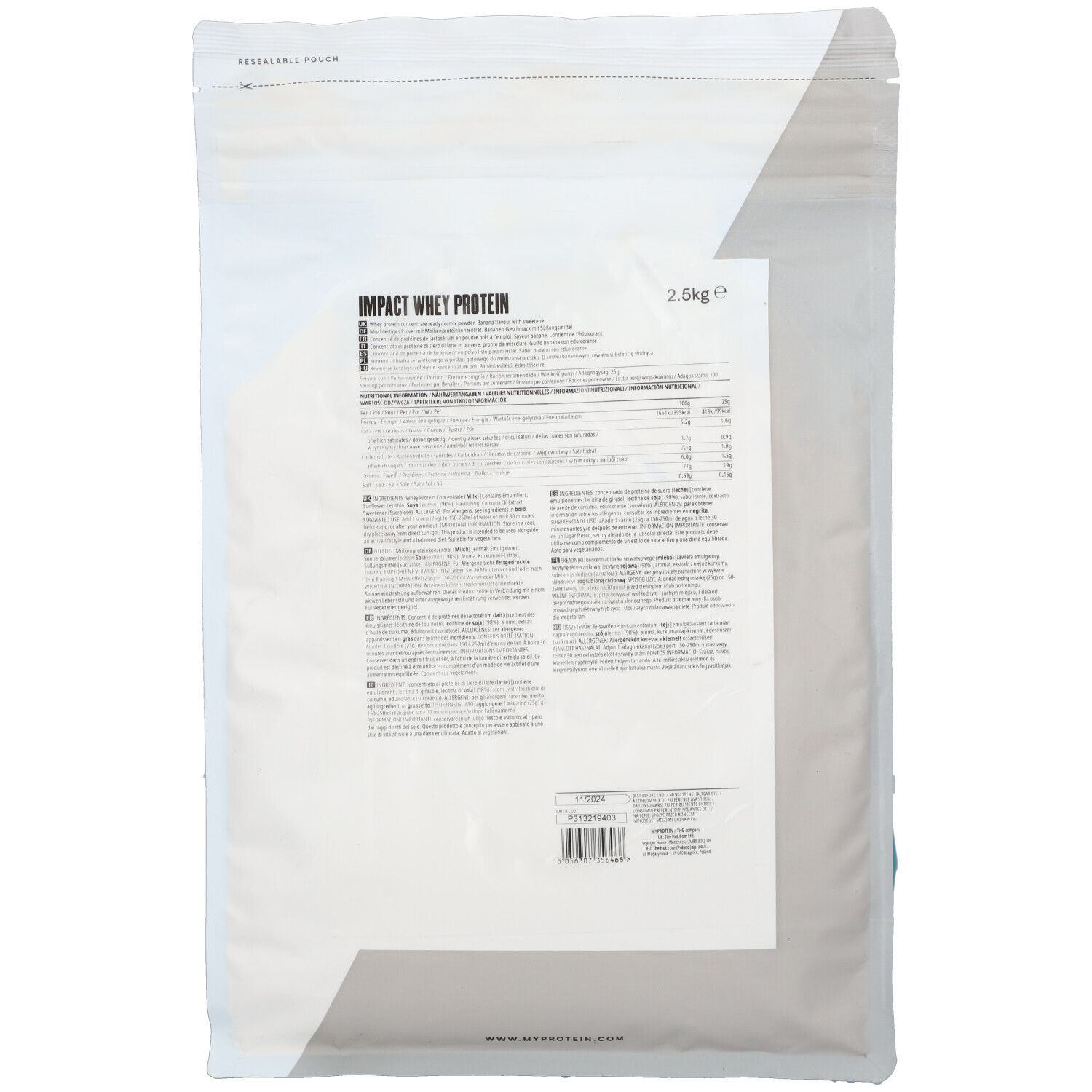 Rückseite des Beutels "Impact Whey Protein". Weiße Verpackung mit Text und Nährwertangaben. 2,5 kg.