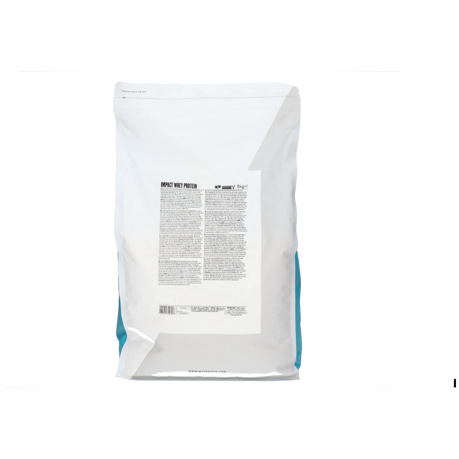 Sac de protéine de lactosérum. Texte "Impact Whey Protein". Dos avec texte. Sac blanc avec accent bleu.