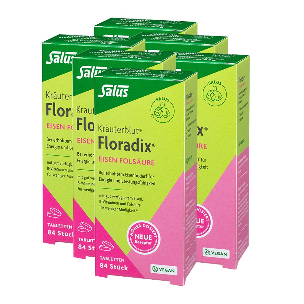 Mehrere Packungen Salus Kräuterblut Floradix Eisen Folsäure Tabletten. Grün-rosa Verpackung mit Produktinformationen und Logo.