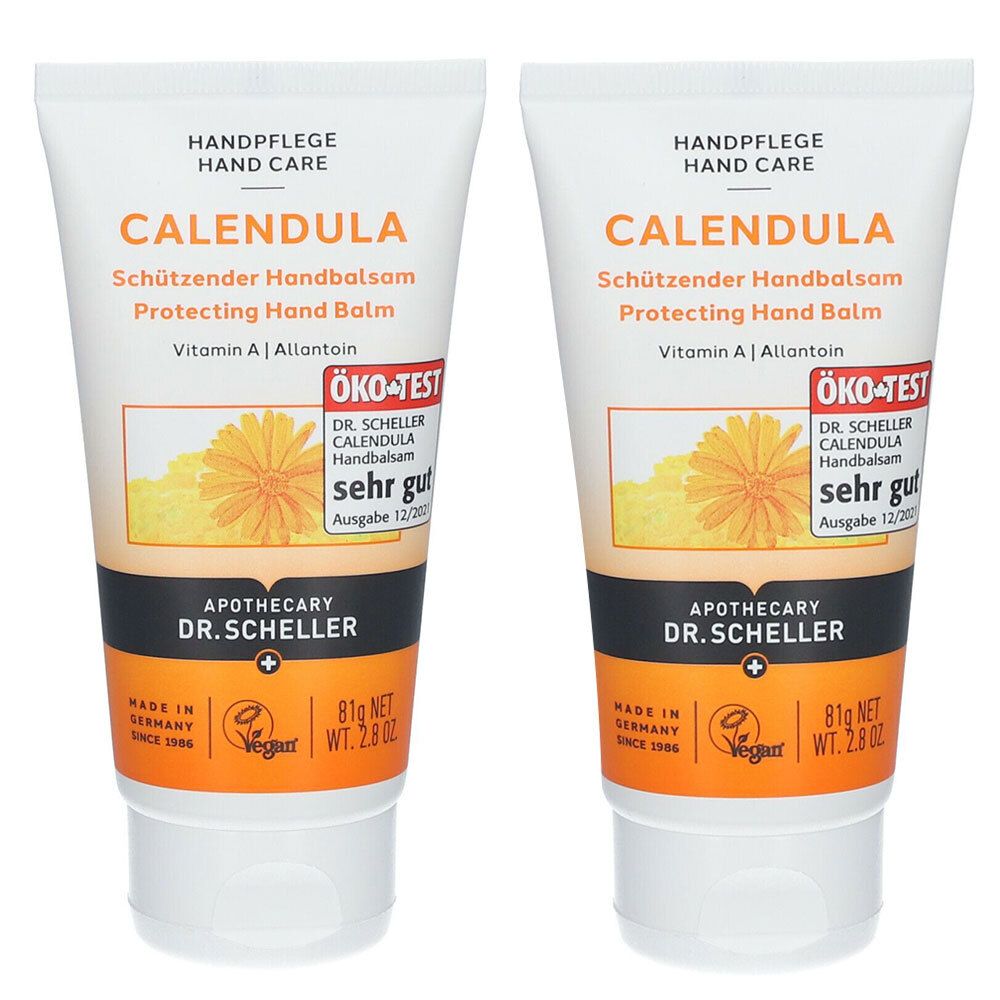 Zwei Tuben Handbalsam. Weiß, orange und schwarze Schrift. Aufschrift: CALENDULA, Handpflege, ÖKO-TEST Siegel, Vegan.