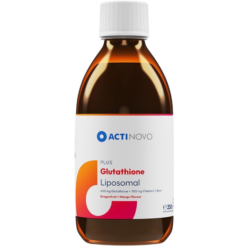 Bouteille marron avec bouchon blanc. Étiquette avec logo ACTINOVO et informations produit. Liquide visible.