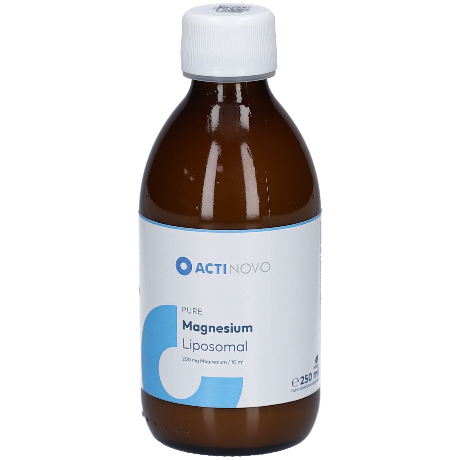 Flacon en verre brun avec bouchon blanc et étiquette. Étiquette avec logo, nom du produit et indication de volume.