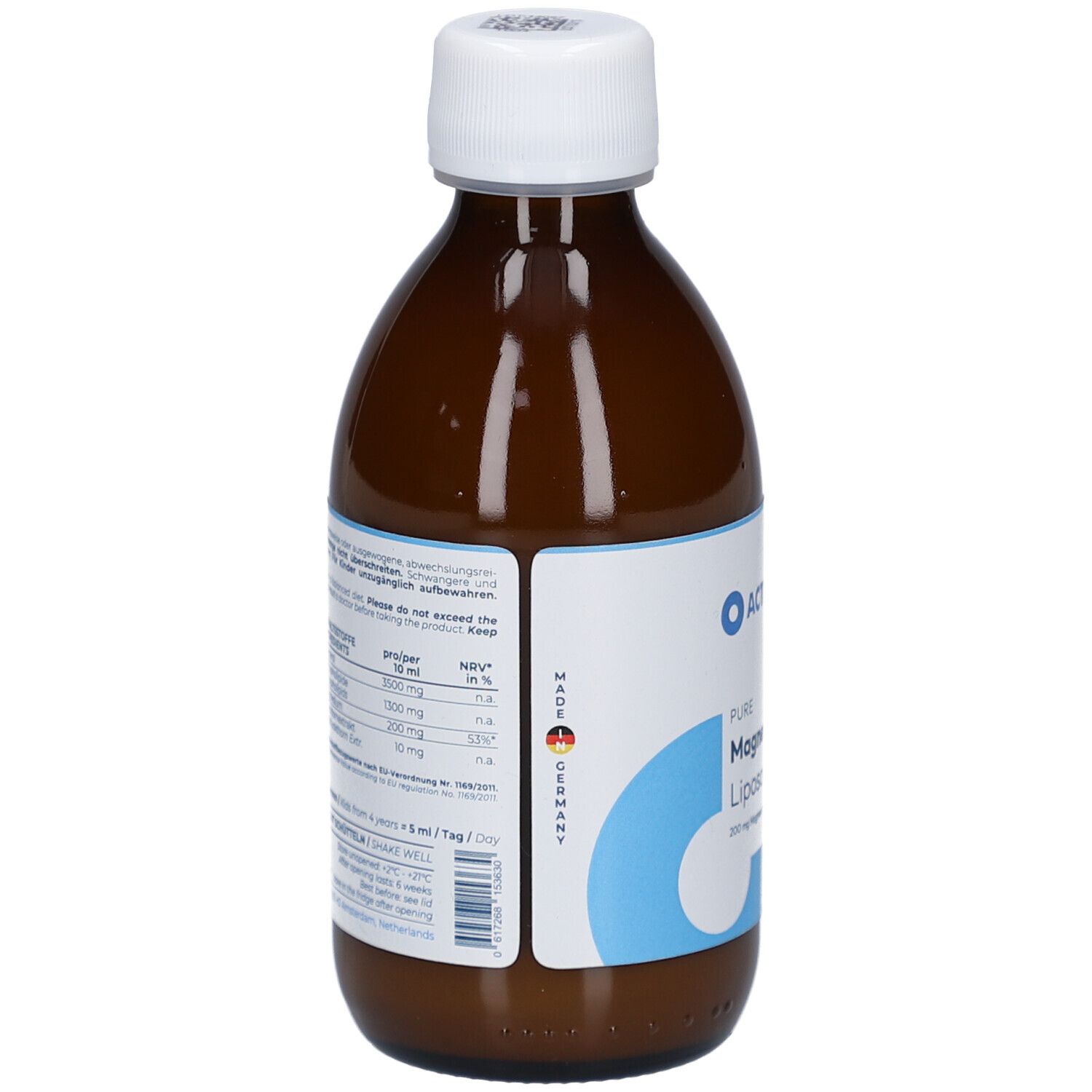 Vue arrière du flacon en verre brun. Étiquette bleue avec texte, y compris informations sur l'utilisation et les ingrédients.