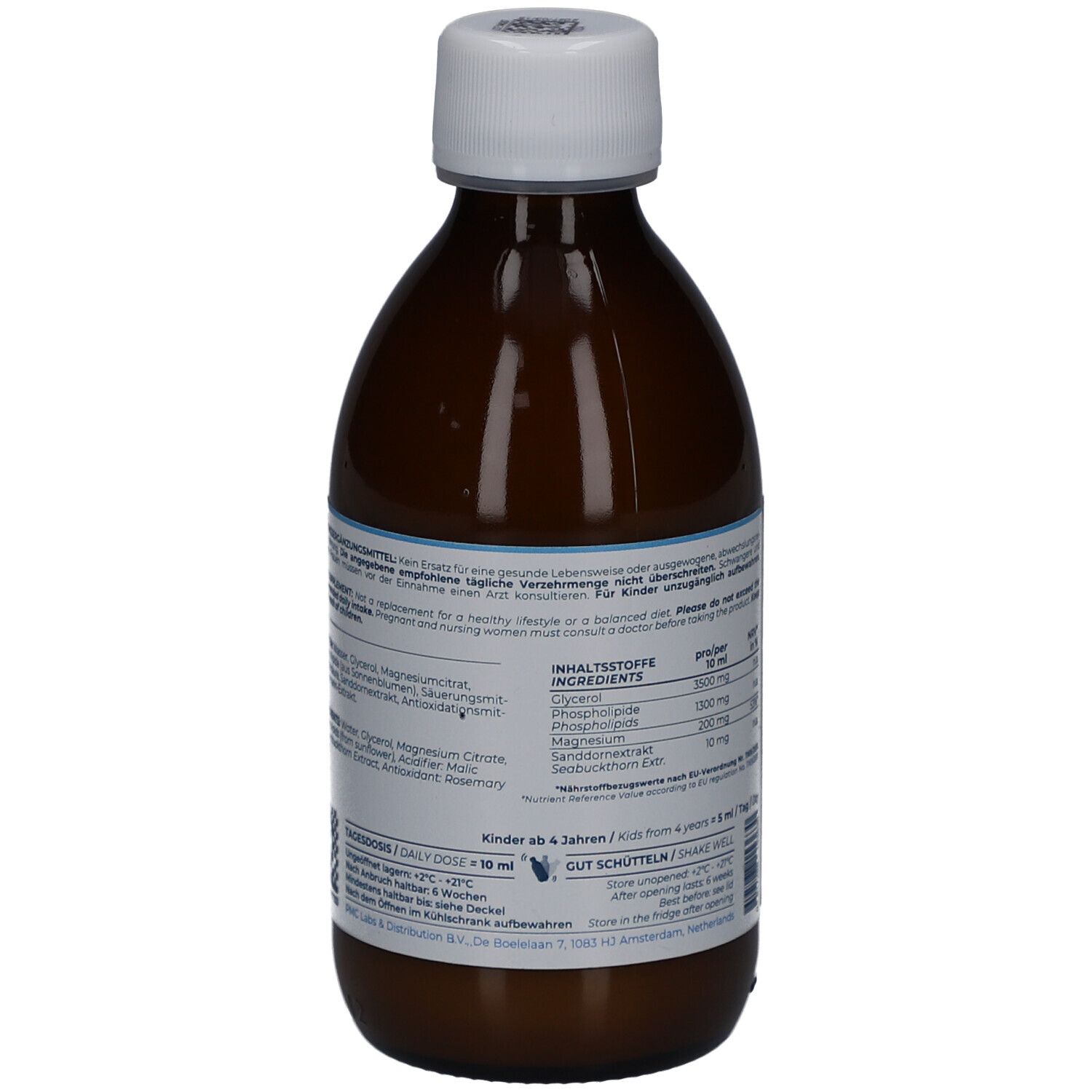 Vue arrière du flacon en verre brun. Étiquette bleue avec texte, ingrédients, informations du fabricant et code-barres.